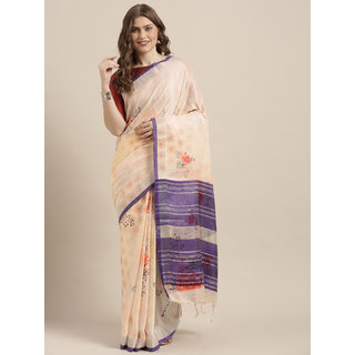 Meia Cream-Coloured & Purple Linen Blend Printed Saree Meia Cream-Coloured & Purple Linen Blend Printed Saree