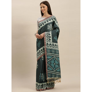                       Meia Grey & Blue Linen Blend Printed Bagru Saree                                              