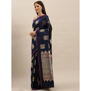 Meia Navy Blue & Gold-Toned Silk Blend Woven Design Kanjeevaram Saree Meia Navy Blue & Gold-Toned Silk Blend Woven Design Kanjeevaram Saree
