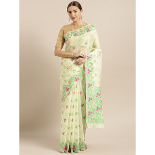 Meia Cream-Coloured & Green Silk Cotton Woven Design Jamdani Saree Meia Cream-Coloured & Green Silk Cotton Woven Design Jamdani Saree
