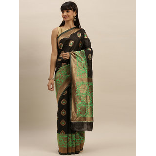                       Meia Black & Green Silk Blend Embroidered Banarasi Saree                                              