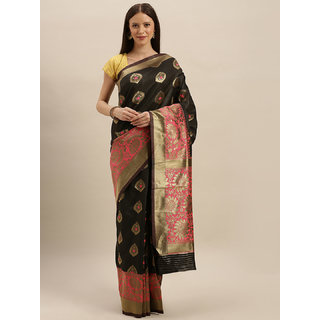                       Meia Black & Pink Silk Blend Woven Design Banarasi Saree                                              