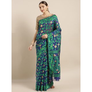                       Meia Navy Blue & Green Silk Cotton Woven Design Jamdani Saree                                              