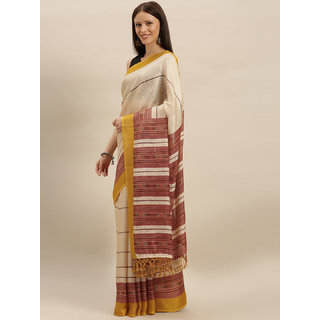 Meia Cream-Coloured & Brown Jute Silk Striped Saree Meia Cream-Coloured & Brown Jute Silk Striped Saree
