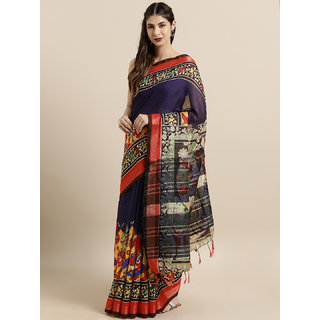                       Meia Navy Blue & Red Linen Blend kalamkari Printed Saree                                              