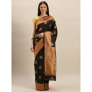                       Meia Black & Orange Silk Blend Woven Design Banarasi Saree                                              