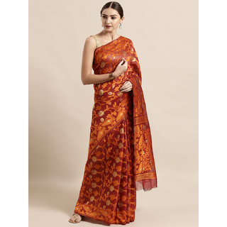                       Meia Maroon & Orange Silk Cotton Woven Design Jamdani Saree                                              