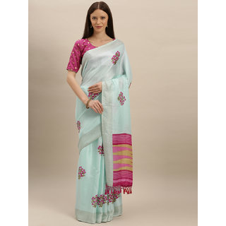 Meia Sea Green & Pink Jute Silk Printed Khadi Saree Meia Sea Green & Pink Jute Silk Printed Khadi Saree