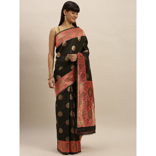                       Meia Black & Pink Silk Blend Embroidered Banarasi Saree                                              