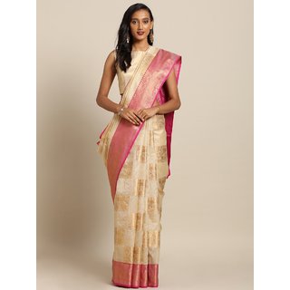                       Meia Beige & Pink Silk Blend Woven Design Kanjeevaram Saree                                              