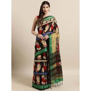                       Meia Black & Red Linen Blend kalamkari Printed Saree                                              