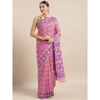                       Meia Pink Silk Cotton Woven Design Jamdani Saree                                              