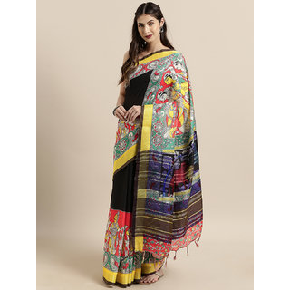                       Meia Black & Yellow Linen Blend kalamkari Printed Saree                                              