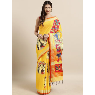                       Meia Yellow & Red Linen Blend kalamkari Printed Saree                                              