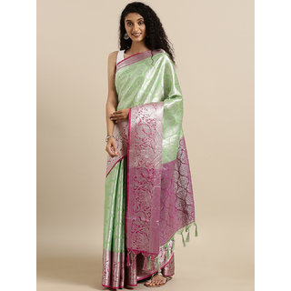                       Meia Green & Silver-Toned Silk Blend Woven Design Kanjeevaram Kora Muslin Silk Saree                                              