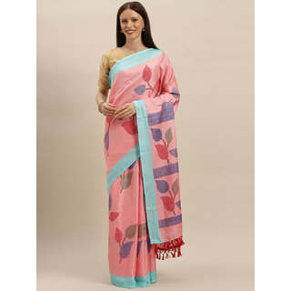                       Meia Pink & Blue Jute Silk Printed Saree                                              