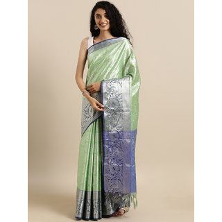                       Meia Green & Silver-Toned Silk Blend Woven Design Kanjeevaram Kora Muslin Saree                                              