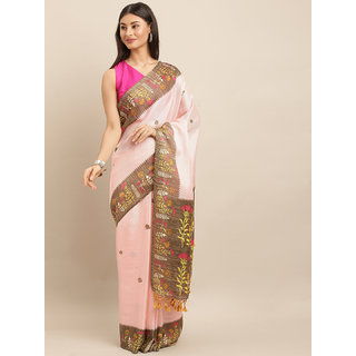                       Meia Pink & Brown Jute Silk Printed Paithani Saree                                              