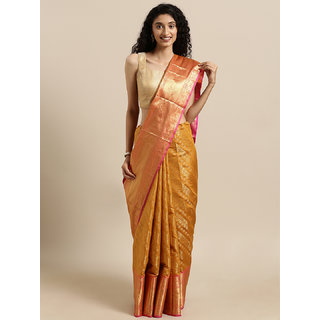 Meia Mustard Yellow & Pink Silk Blend Woven Design Kanjeevaram Saree Meia Mustard Yellow & Pink Silk Blend Woven Design Kanjeevaram Saree