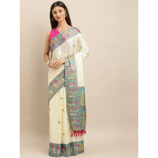                      Meia Yellow & Grey Jute Silk Printed Paithani Saree                                              