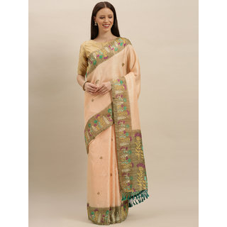 Meia Peach-Coloured & Brown Jute Silk Printed Paithani Saree Meia Peach-Coloured & Brown Jute Silk Printed Paithani Saree
