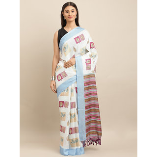Meia White & Blue Jute Silk Printed Saree Meia White & Blue Jute Silk Printed Saree