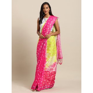 Meia Pink & Lime Green Linen Blend Printed Bandhani Saree Meia Pink & Lime Green Linen Blend Printed Bandhani Saree
