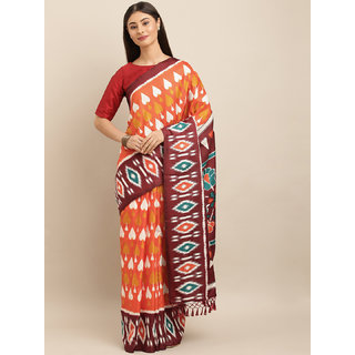                       Meia Orange & White Linen Blend Printed Ikat Saree                                              