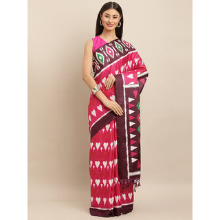                       Meia Magenta & White Linen Blend Printed Ikat Saree                                              