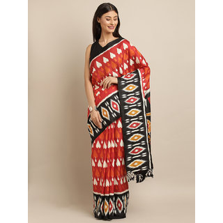                       Meia Red & Black Linen Blend Printed Ikat Saree                                              