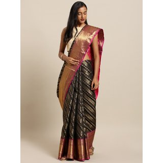                       Meia Black & Pink Silk Blend Woven Design Wedding Kanjeevaram Saree                                              
