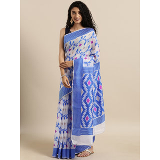                       Meia White & Blue Silk Cotton Woven Design Jamdani Saree                                              
