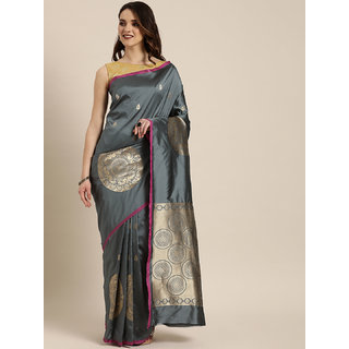                       Meia Grey & Gold-Toned Silk Blend Woven Design Banarasi Saree                                              