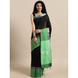                       Meia Black & Green Solid Angolla Linen Blend Saree                                              