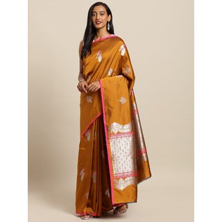                       Meia Mustard Yellow & Silver-Coloured Silk Blend Woven Design Kanjeevaram Saree                                              