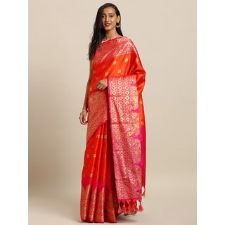                      Meia Orange & Gold-Toned Silk Blend Woven Design Kanjeevaram Saree                                              