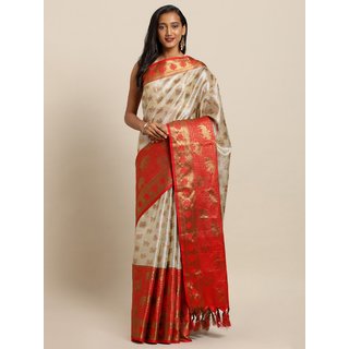                       Meia Silver-Coloured & Red Silk Blend Woven Design Kanjeevaram Saree                                              