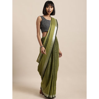                       Meia Green Striped Linen Blend Saree                                              