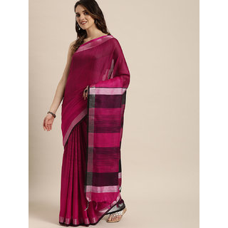                       Meia Pink & Black Striped Linen Blend Saree                                              