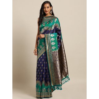                       Meia Navy Blue & Green Silk Blend Woven Design Banarasi Saree                                              