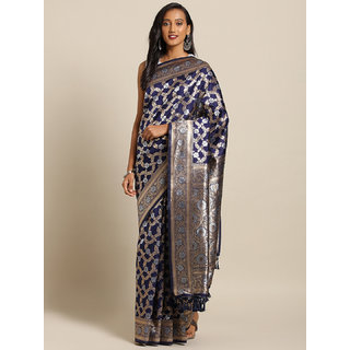 Meia Navy Blue & Gold-Toned Silk Blend Woven Design Banarasi Saree
