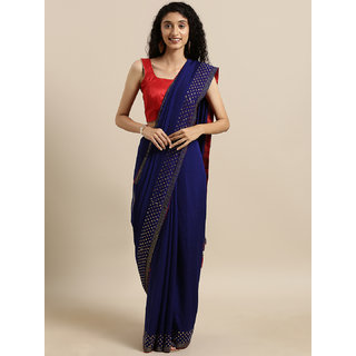                       Meia Navy Blue Solid Vichitra Poly Silk Saree with Embellished Border                                              