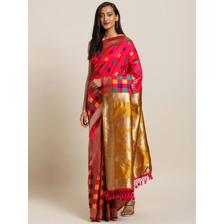                       Meia Pink & Mustard Yellow Silk Blend Woven Design Banarasi Saree                                              