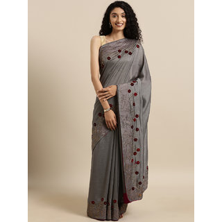                       Meia Grey Vichitra Poly Silk Solid Saree with Embellished Border                                              