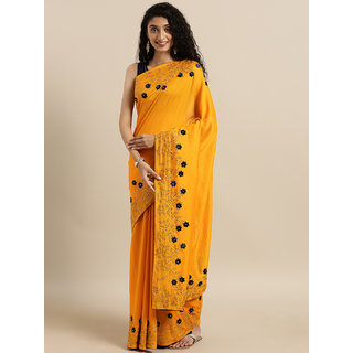                       Meia Mustard Yellow Vichitra Poly Silk Solid Saree with Embellished Border                                              