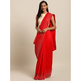                       Meia Red Embellished Poly Silk Saree                                              