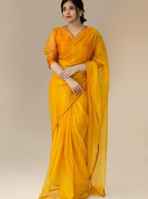 Organza Saree with Stiched Bangalori SiLk And Orgenza blouse with Khatli Hand Work