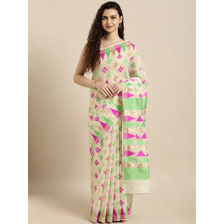 Meia Cream-Coloured & Green Silk Cotton Woven Design Jamdani Saree Meia Cream-Coloured & Green Silk Cotton Woven Design Jamdani Saree