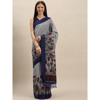                       Meia Blue Printed Silk Blend Saree                                              