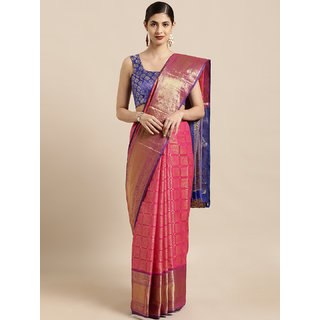 Meia Pink & Golden Silk Blend Woven Design Kanjeevaram Saree Meia Pink & Golden Silk Blend Woven Design Kanjeevaram Saree
